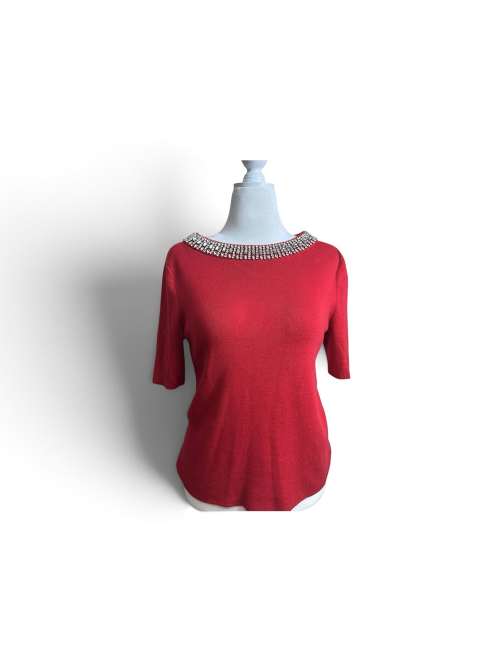 Talbots Red cotton sweater with Jeweled Collar size large petite